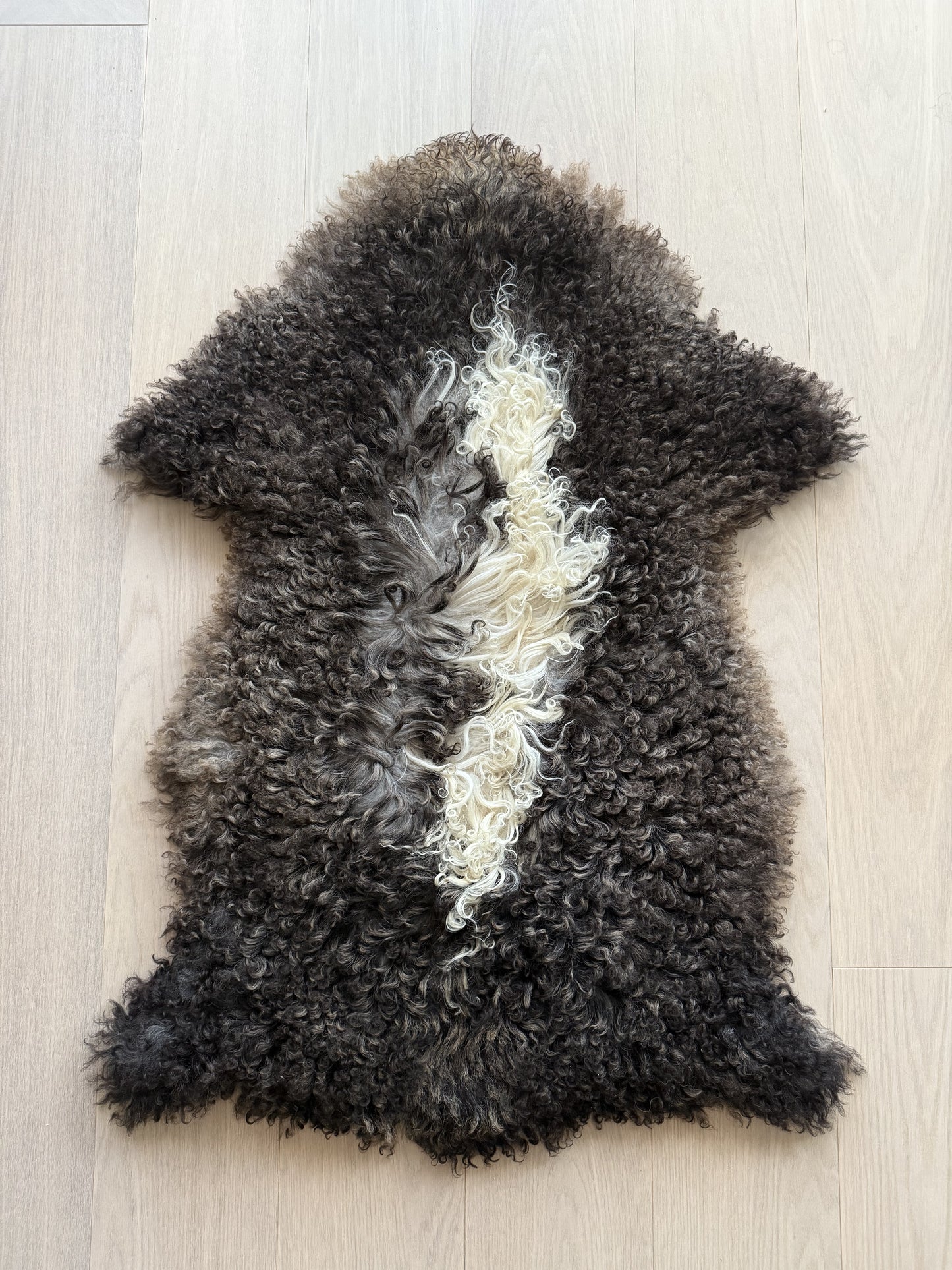 Mörkbrunt lammskinn med en vit i mitten, lockiga toppar